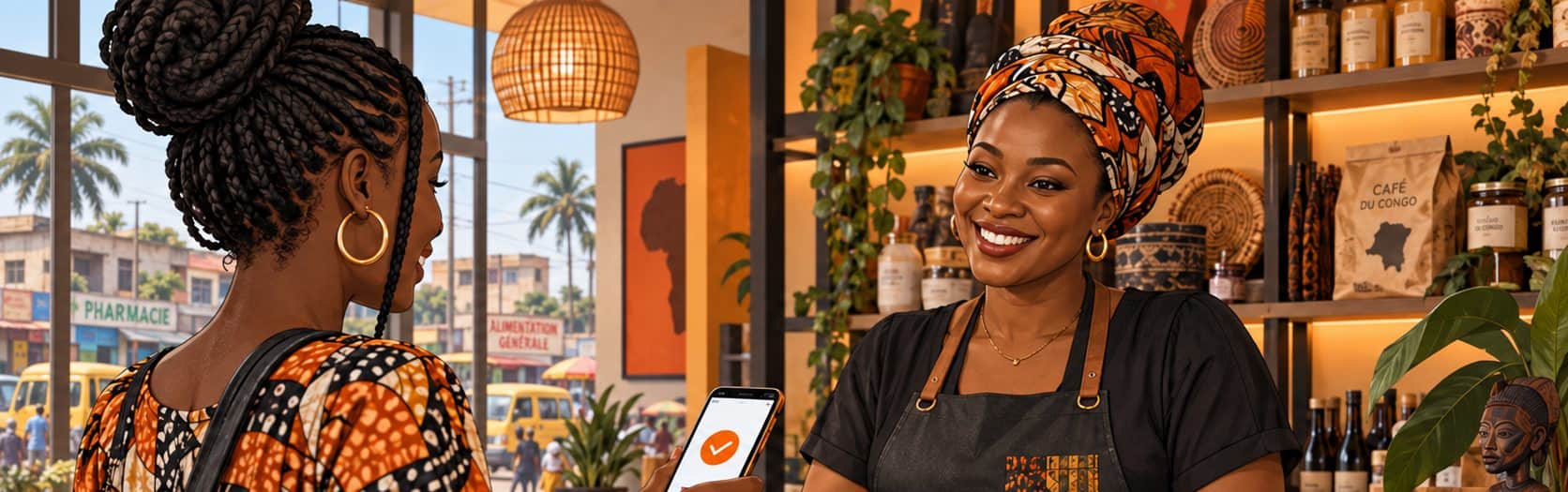 Dans une épicerie de Kinshasa, une cliente règle avec son téléphone : l’écran affiche la confirmation, et la commerçante, derrière son comptoir, la remercie.