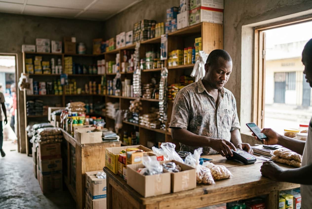 Un commerçant encaisse au comptoir de son épicerie : il compose sur un terminal de paiement par carte pendant que son client tient son téléphone.